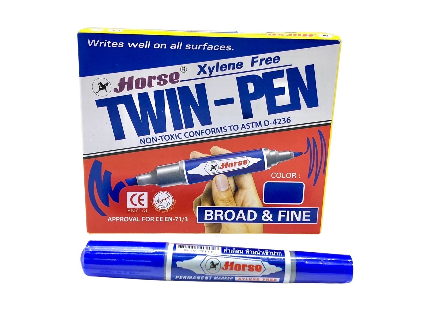 ปากกาเคมี ตราม้า 2 หัว สีน้ำเงิน ชนิดลบไม่ได้ Permanent - Image 2